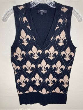 EXPRESS Black & Tan Wool Blend Fleur-De-Lis Preppy Dark Academia Vest Medium